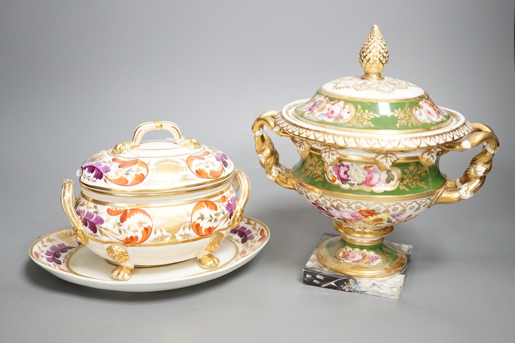 A small Derby tureen cover and stand, c.1825, 22 cm wide, and an English porcelain floral ice pail and cover (lacking liner)